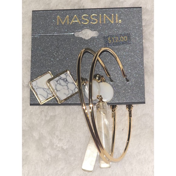 Massini Earrings Set Hoop Drop Dangle Square Marble Gold Tone‎ Fashion - Picture 1 of 3